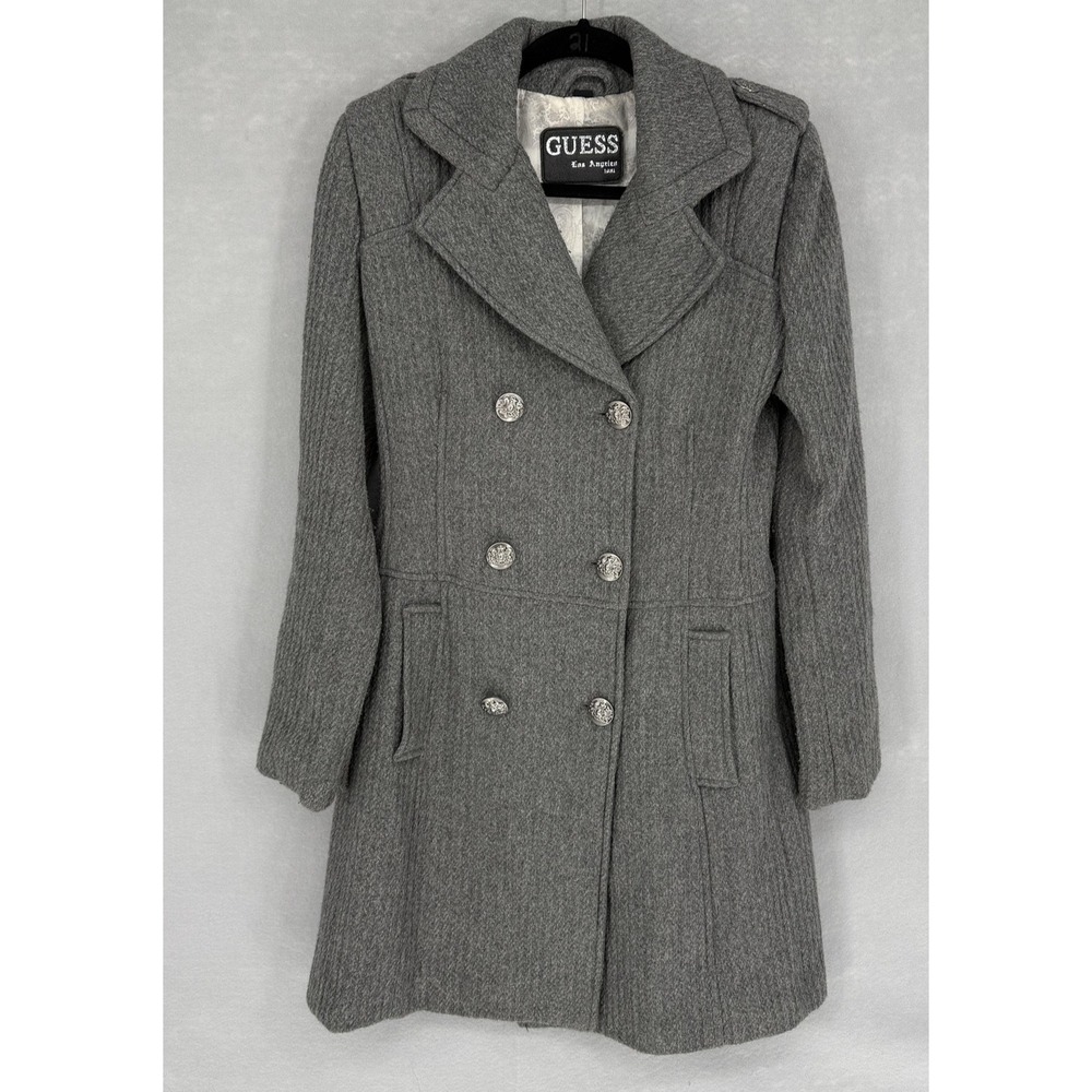 Guess Coat Womens Medium Gray Wool Blend Double‎ Breasted Military Long Jacket